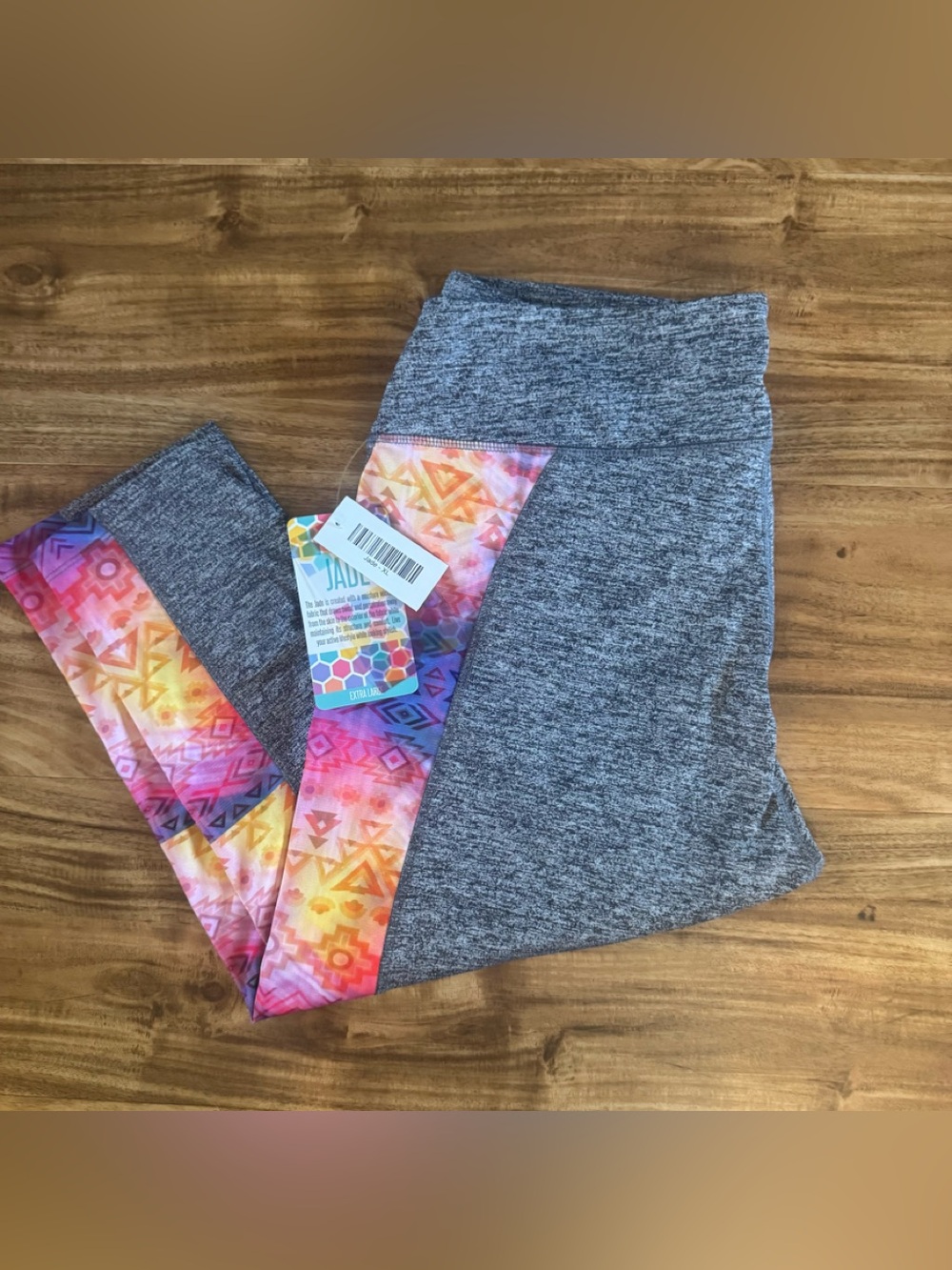 LuLaRoe Jade Gray Leggings with Pink Orange Yellow Purple Aztec Panels NWT
